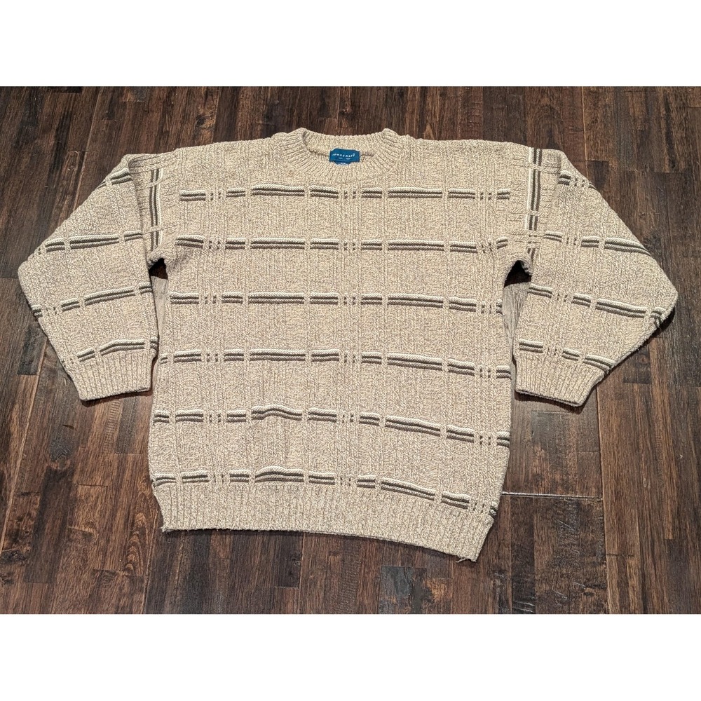 Vintage Towncraft Sweater Mens Med Beige 3D Textured Knit Crewneck Made USA 90s
